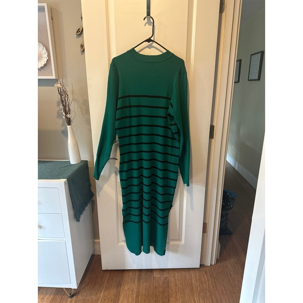 City Chic Maddie Green Black Striped Ribbed Knit Midi Sweater Dress Size L 20 - Picture 6 of 8